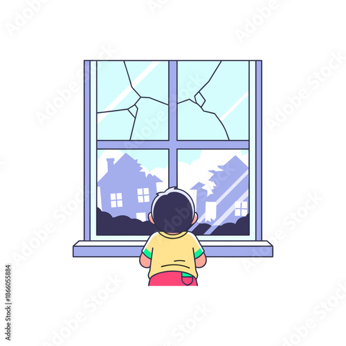 Child looking out of broken window at damaged houses outside  