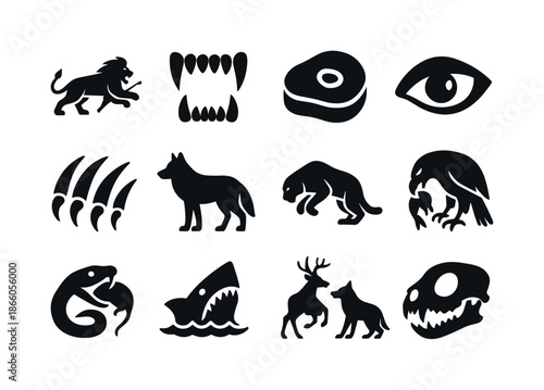 Black Carnivore Icons. Carnivores. Solid icon set of Carnivores: lion hunt, sharp teeth icon, meat chunk, predator eye, claw icon, wolf silhouette, big cat