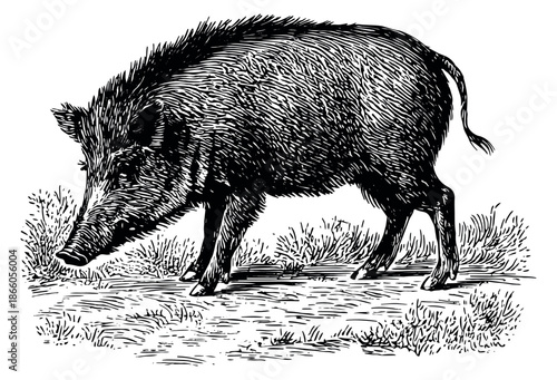 Vintage hand drawn illustration of a wild boar depicting it rooting in the grass for wildlife and nature themes