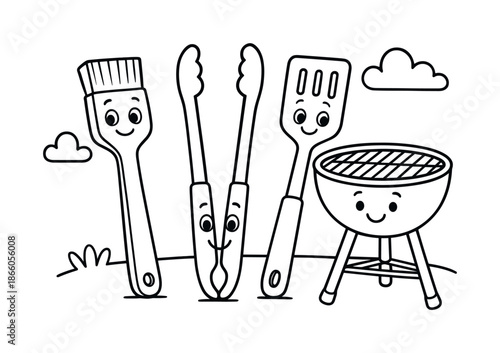 Smiling BBQ Tools. BBQ tools children?s coloring book illustration, outlined drawing, simple brush, scraper, and tongs with smiling faces near a clean grill,