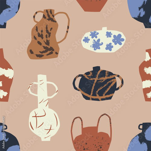 Seamless ceramics pattern. Handcrafted ceramic vases, pots, pottery with irre...