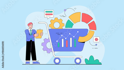 businessman analyzing data charts inside a shopping cart vector illustration