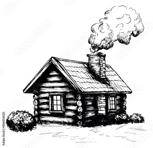 Hand drawn line art illustration of a log cabin depicting smoke rising from its chimney for rural living concepts