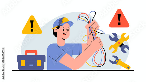 technician holding tangled wires with warning signs vector illustration