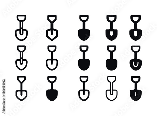 Sandbox Shovel Icons. Sandbox shovel. Icon set. Set Logo of sandbox shovel: kid?s shovel profile. harmonious logo variations of the same emblematic concept,