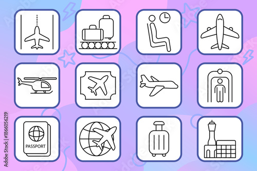 Airport set icon. Airplane, ticket, luggage, boarding, passport, helicopter, terminal, security, globe, seating, runway, flight, travel, departure, arrival, baggage, tourism, journey.