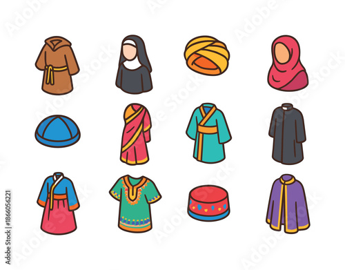 Traditional Attire Icons. Religious attire and traditional clothing. Colorful isometric vector icons set of religious attire and traditional clothing: monk