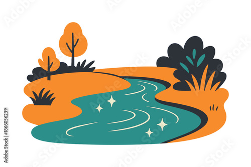 Sunlit Stream Glade. Glade by the stream. Water glides past a sunlit clearing, ripples forming gentle arcs. Floating spark shapes mimic shimmering reflections.