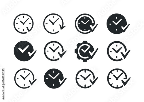Remote Work Icons. Remote work revolution post-pandemic. Icon set. Set Logo of Remote work revolution post-pandemic: flexible hours clock. harmonious logo