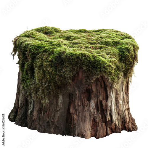 A tree stump stands in a natural area, topped with green moss under sunlight, showing signs of decay
