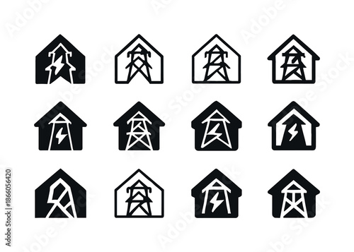 Smart Energy Grid Icons. Smart energy grids. Icon set. Set Logo of Smart energy grids: smart home connection. harmonious logo variations of the same emblematic