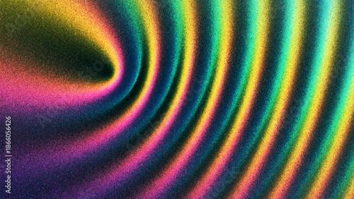 Colorful circular wave pattern forming radiant concentric rings with grainy gradient texture created from thousands of individual dots. Dynamic rainbow ripple with hypnotic expanding waves. Vector