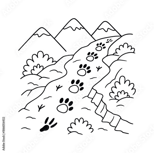 Animal Footprints Adventure. Mountain trail prints children?s coloring book illustration, outlined drawing, animal footprints climbing a rocky slope with