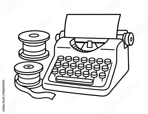 Typewriter Coloring Page. Ribbon spool children?s coloring book illustration, outlined drawing, cartoon ink ribbon spools beside a simple typewriter frame,