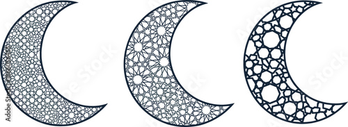 Set of three navy blue crescent moon silhouettes featuring intricate geometric star and arabesque lattice patterns on white.