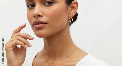 Fashion portrait of beautiful woman wearing luxury gold jewelry set. Model with pearl hoop earrings, necklace and rings on white background.