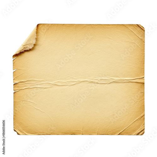 Aged yellowed paper with torn corner and creases on png isolated transparent background black background