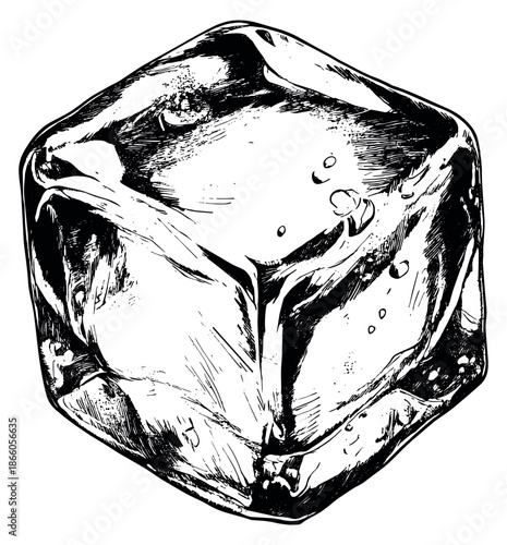 Hand drawn line art illustration of an ice cube depicting a refreshing chill for drinks and beverages