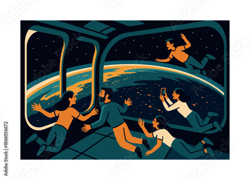 Orbital Sightseeing Tour. Orbital sightseeing. Tourists float weightless near panoramic windows, watching Earth?s curve shimmer in blues and golds. Wonder in