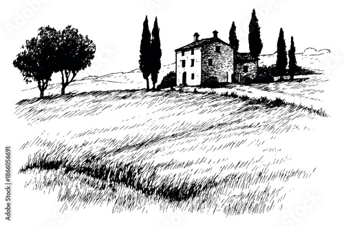 Hand drawn line art illustration of a tuscan landscape depicting an old farmhouse with cypress trees for travel and nature projects