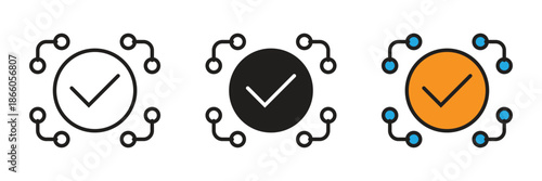 Checkmark symbol within a circular node network, representing verified data, secure blockchain transactions, and authenticated digital connectivity systems.