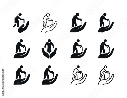 Elderly Care Icons. Elderly Care and Senior Living. Icon set. Set Logo of Elderly Care and Senior Living: helping hand icon. harmonious logo variations of the