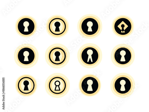 Curiosity Logo Variations. Curiosity. Icon set. Set Logo of Curiosity: keyhole in a glowing circle. harmonious logo variations of the same emblematic concept,