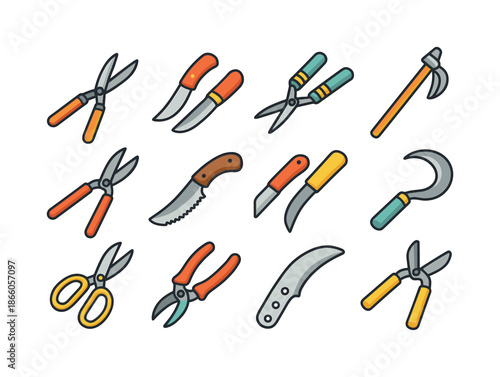 Colorful Garden Tools Icons. Garden trimming tools. Colorful isometric vector icons set of Garden trimming tools: hedge shears, pruning knives, grass shears,