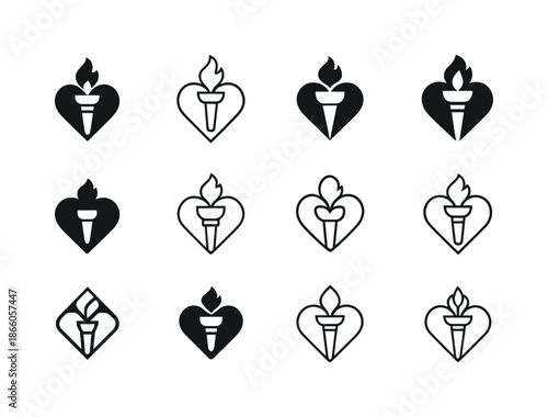 Integrity Leadership Icons. Integrity in Leadership. Icon set. Set Logo of Integrity in Leadership: heart and torch. harmonious logo variations of the same