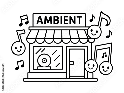 Musical Notes Coloring Fun. Ambient music icons children?s coloring book illustration, outlined drawing, smiling musical notes floating around a store scene to
