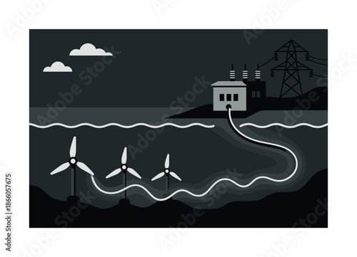 Underwater Energy Connection. Renewable grid link. A cable connects underwater turbines to a coastal substation, energy pulses traveling in glowing waves.