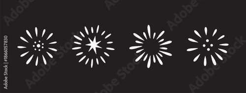 Firework doodle and festive hand drawn firecracker set. Sketch style celebration icons with confetti, sparkles, magical bursts. For party, carnival, holiday design. Vector illustration, black bg