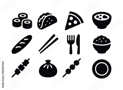 Cultural Cuisine Icons. Cultural cuisine. Solid icon set of Cultural cuisine: sushi, taco, pizza, curry bowl, baguette, chopsticks, fork and knife, rice bowl,