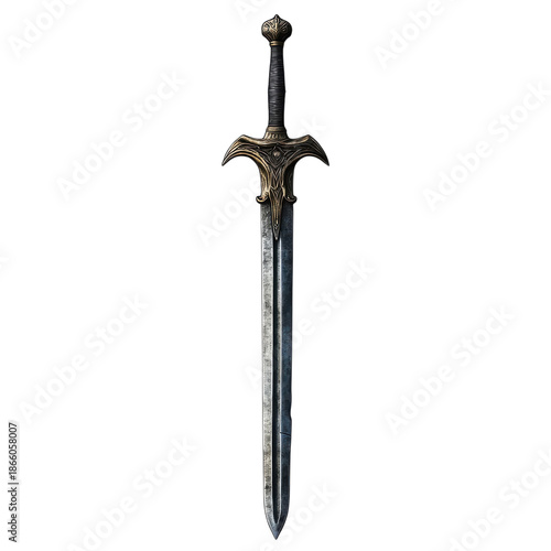 A sword is placed upright on a flat surface showing its detailed hilt and metal blade in good lighting