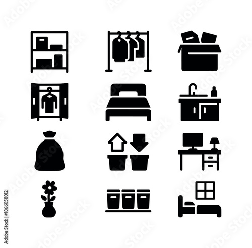 Minimalist Icon Set. Minimalist lifestyle and decluttering trends. Solid icon set of Minimalist lifestyle and decluttering trends: clean shelf,