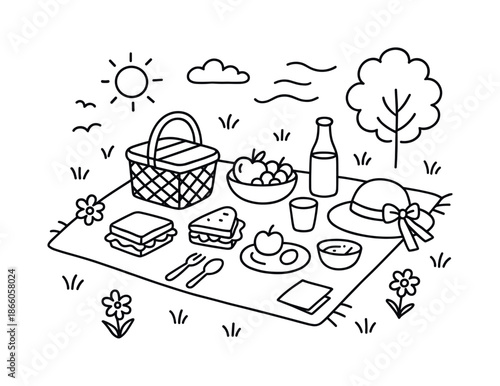 Picnic Doodle Delight. Picnic in the grass. Hand-drawn doodle illustration Picnic in the grass picnic basket, blanket, sandwich, fruit bowl, juice bottle, sun