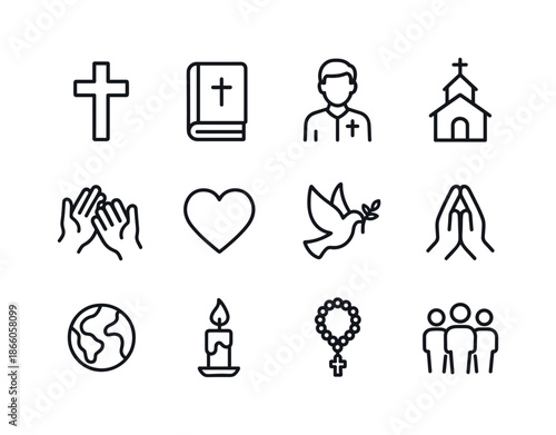 Christian Mission Icons. Christian Mission Service. Line icon set of Christian Mission Service: cross, bible, missionary, church, helping hands, heart, dove,