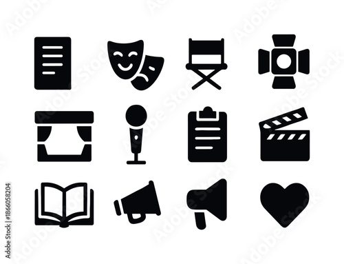 Theater Rehearsal Icons. Theater rehearsal. Solid icon set of Theater rehearsal: script, mask, director?s chair, actor, spotlight, stage, microphone,
