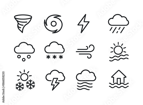 Dangerous Weather Icons. Dangerous weather. Line icon set of dangerous weather: tornado icon, hurricane icon, lightning bolt, heavy rain, hail icon, blizzard