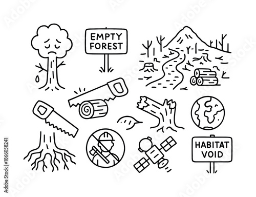 Environmental Destruction Doodles. Clearcut. Hand-drawn doodle illustration Clearcut environmental damage, sad tree face, empty forest sign, trail of