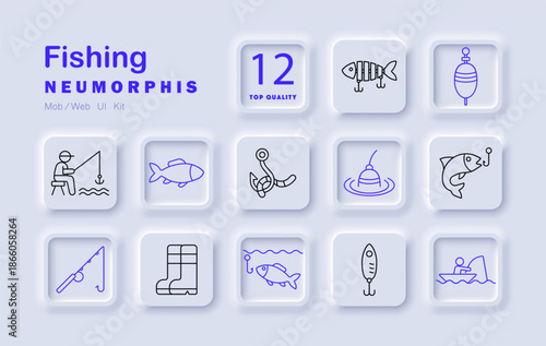 Fishing set icon. Hooks, bait, rod, fish, float, boat, boots, lure, fisher, sonar tools and action from recreational or sport fishing.