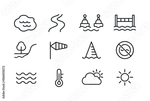 Wakeboarding Icon Set. Wakeboarding environment. Line icon set of Wakeboarding environment: lake icon, river icon, buoys, docks, shoreline, wind indicator,