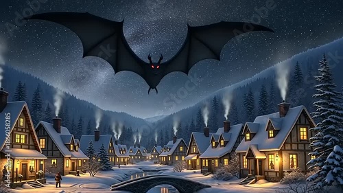 Giant Vampire Bat Terrorizes a Snowy Mountain Village at Night.