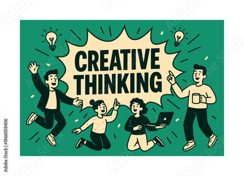 Creative Burst Banner. Creative thinking banner, flat vector illustration, bold oversized text inside comic burst, cartoon characters jumping and pointing at