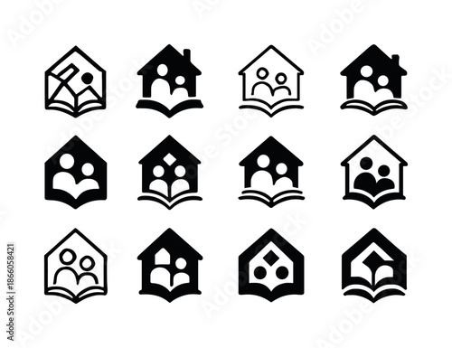 Home Education Icons. Home education and the role of parents in teaching. Icon set. Set Logo of Home education and the role of parents in teaching: house with