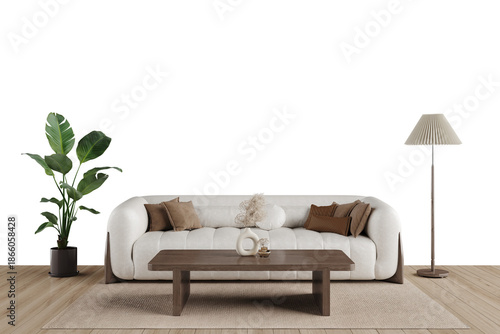 Quadro em tela Elegant Beige Sofa with Wooden Coffee Table Isolated on Transparent Background,