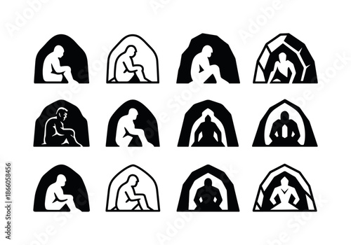 Giant Cave Logos. Tales of giants. Icon set. Set Logo of Tales of giants: cave entrance. harmonious logo variations of the same emblematic concept, each with
