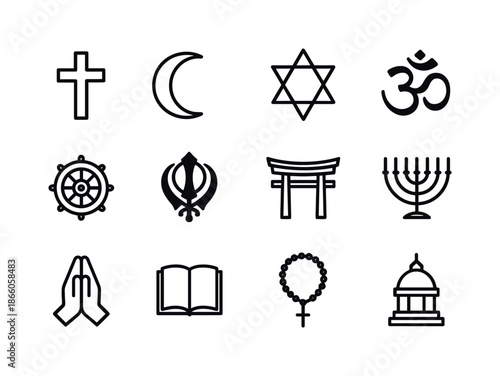 World Religion Icons. World religions. Line icon set of World religions: cross, crescent moon, star of david, om symbol, dharma wheel, khanda, torii gate,