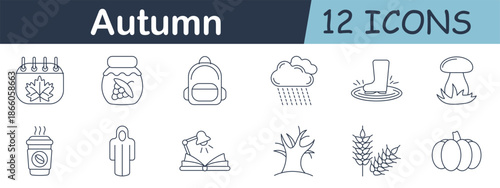 Autumn set icon. Calendar, jam jars, backpack, rainfall, boot splash, mushroom, coffee cup, hoodie, open book, bare tree, wheat, and pumpkin in seasonal outline style.