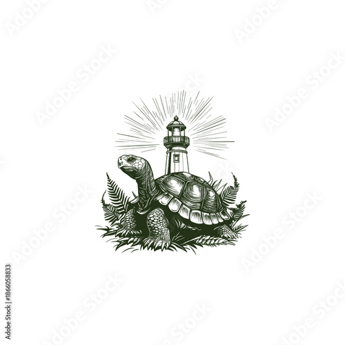 Surreal vintage engraving of a giant tortoise carrying a glowing lighthouse on its shell.